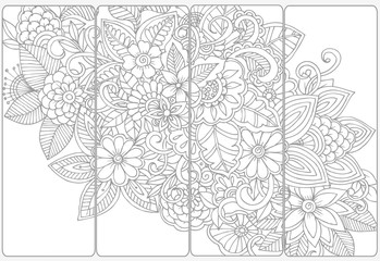 Floral doodles for coloring.Vector set of monochrome bookmarks .