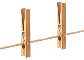 Clothespin on rope isolated on white background, with clipping path
