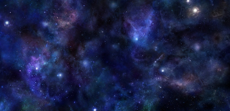 Deep Space wide banner background - Wide panel of outer space with many different stars, planets and cloud formations