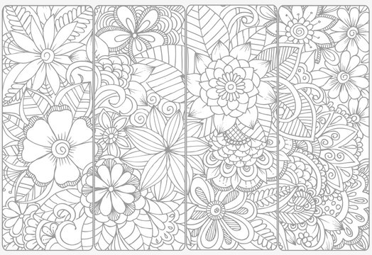 Floral doodles for coloring.Vector set of monochrome bookmarks .