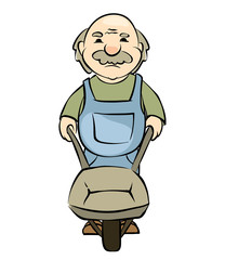 Elderly man with a handcart / Vecor illustration with old men, farmer or builder