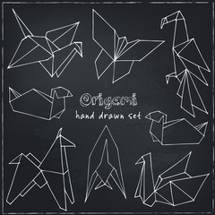 Origami hand drawn doodle set. Vector illustration of   figures from paper