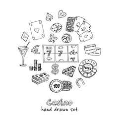 Hand drawn doodle set of Casino icons. Vector illustration. Cartoon Gambling symbols. Sketchy game elements collection: bet, jackpot, cards, chips, coins, darts, roulette, poker, money, slot.