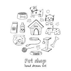 Hand drawn doodle Pets stuff and supply icons set. Vector illustration. Vet symbol collection. Cartoon dogs  cats care elements: kennel, leash, food, paw, bowl, bone, other goods for pet shop