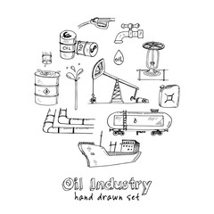 Factory oil industry hand drawn set vector illustration