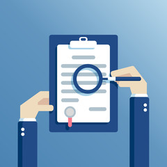 Hand checking contract with a magnifying glass. Hands holding clipboard with agreement and look at it through a magnifying glass. Contract inspection concept flat design, vector illustration
