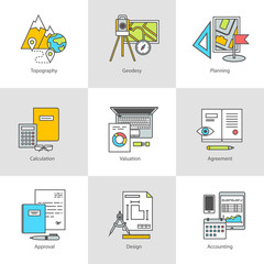 Flat line conceptual stages set icons, objects and tools. Geodesy, preparation, construction and engineering. Modern flat linear concept of the icon, symbol set for websites and applications, vector - obrazy, fototapety, plakaty