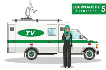 Journalistic concept. Detailed illustration of muslim woman reporter and TV or news car in flat style on white background. Vector illustration.