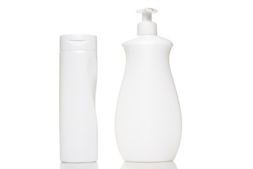 Cosmetic plastic bottle isolated on white background. Liquid con