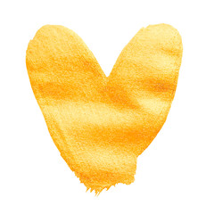 Vector shining gold heart for you amazing design project. Watercolor texture brush strokes isolated on white. Abstract hand painted golden background.