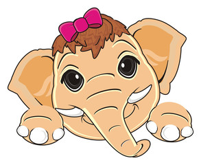 cartoon, animal, elephant, trunk, tusk, extinct, old, era, ice, period, mammoth, ice age, wool, brown, fur, muzzle, bow, girl