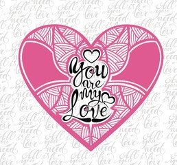 Handwritten explanation of love on pink heart background