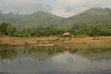 Brzeg rzeki w dżungli w Laosie - obrazy, fototapety, plakaty