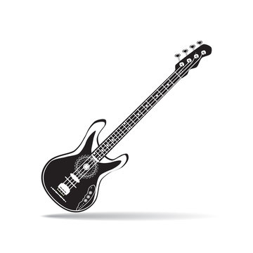 Vector illustration of black and white bass guitar in flat style