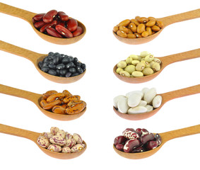 Beans collection in wooden spoons
