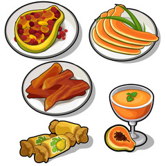 Papaya and pear on the plates in different types