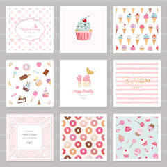 Cute card templates set for girls. Including frames, seamless patterns with sweets. birthday, wedding, baby shower design.
