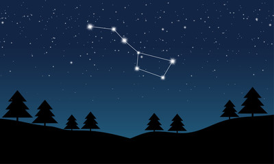 Vector illustration of Ursa Major constellation on the background of starry sky and night landscape
