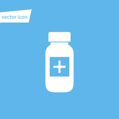 White pills bottle vector icon on blue background, flat icon