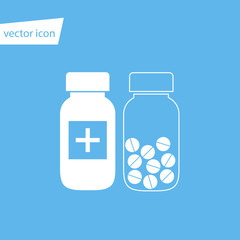 White pills bottles vector icon on blue background, flat icon