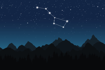 Vector illustration of Ursa Major constellation on the background of starry sky and night mountain landscape