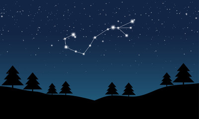 Vector illustration of Scorpio constellation on the background of starry sky and night landscape