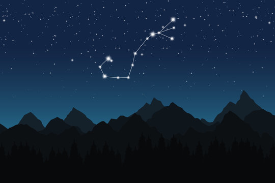 Vector illustration of Scorpio constellation on the background of starry sky and night mountain