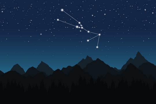 Vector illustration of Taurus constellation on the background of starry sky and night mountain