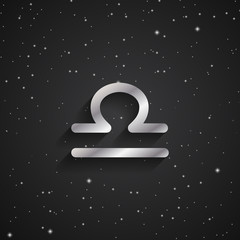 Libra zodiac symbol, silver zodiac icon on the background of black starry sky