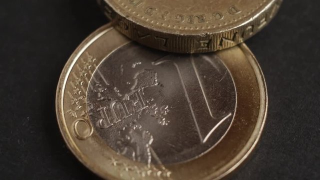 Pound Coins and Euro coins with macro shot, brexit concept