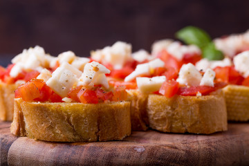 Bruschetta small sandwiches antipasto set with tomato, mozzarella, garlic and basil on black background