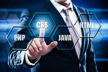 Business, technology, internet concept on hexagons and transparent honeycomb background. Businessman pressing button on touch screen interface and select css