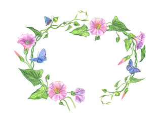 Frame of pink bindweed with blue butterflies, watercolor illustration.