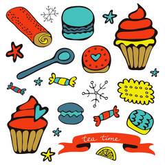 Beautiful hand drawn tea time set with sweet desserts