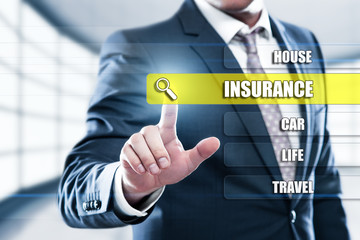 Insurance Life House Car Health Travel Business Health concept on presentation screen. Man pressing button on display with word in modern office