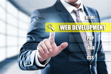 Fototapeta na wymiar Web Development Coding Programming concept on presentation screen. Man pressing button on display with word in modern office