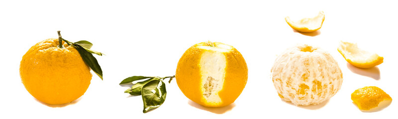 Orange mit Blatt ungeschält und geschält