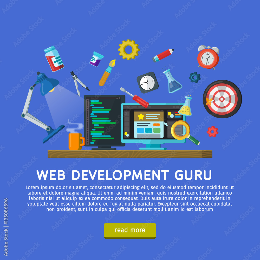 Poster design concept for website banner in flat style. website development, web design. modern flat design