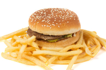 Big burger and french fries on white background