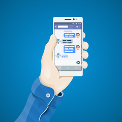 Chatbot concept. Phone in hand in flat style. Man's hand holding a phone concept. Dialogue on the smartphone screen. Mobile app vector illustration. User chatting with chatbot in mobile application.