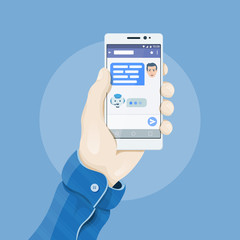 Hand holding smartphone with chatting bot application on the screen. Chatbot concept. Man's hand holding a phone concept. Dialogue on the smartphone screen. Mobile app vector illustration.