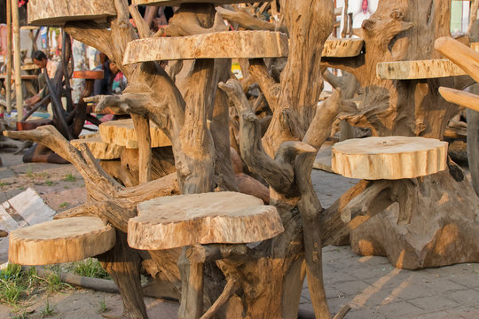 Wooden chairs, handicraft items on display , Kolkata