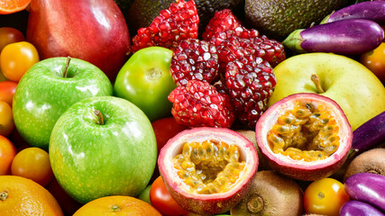 Closeup passion fruits slice with Various ripe fruits  for eating healthy