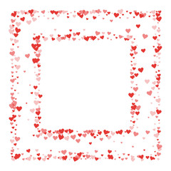 Fototapeta na wymiar Red hearts confetti. Square chaotic frame on white valentine background. Vector illustration.