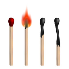 Set of vector isolated realistic matches. New, burning and burned matches on white background.