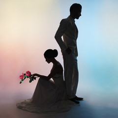 Wedding couple silhouette groom and bride on colors background