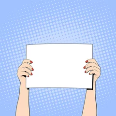 Poster Pop Art Female hands holding a white blank banner, pop art style. Vector