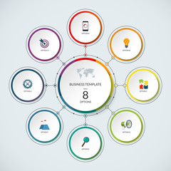 Fototapeta premium Infographic circle. Modern minimalistic template with 8 options. Vector banner, what can be used as circular chart, cycle diagram, graph, workflow layout for report, business presentation, web design.