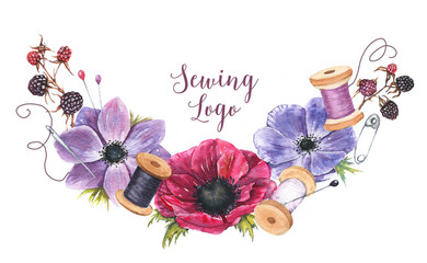 Hand-drawn watercolor sewing logo template with flowers, berry and sewing tools