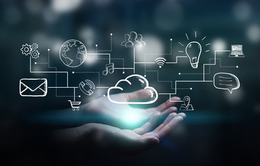 Businessman holding multimedia network 3D rendering